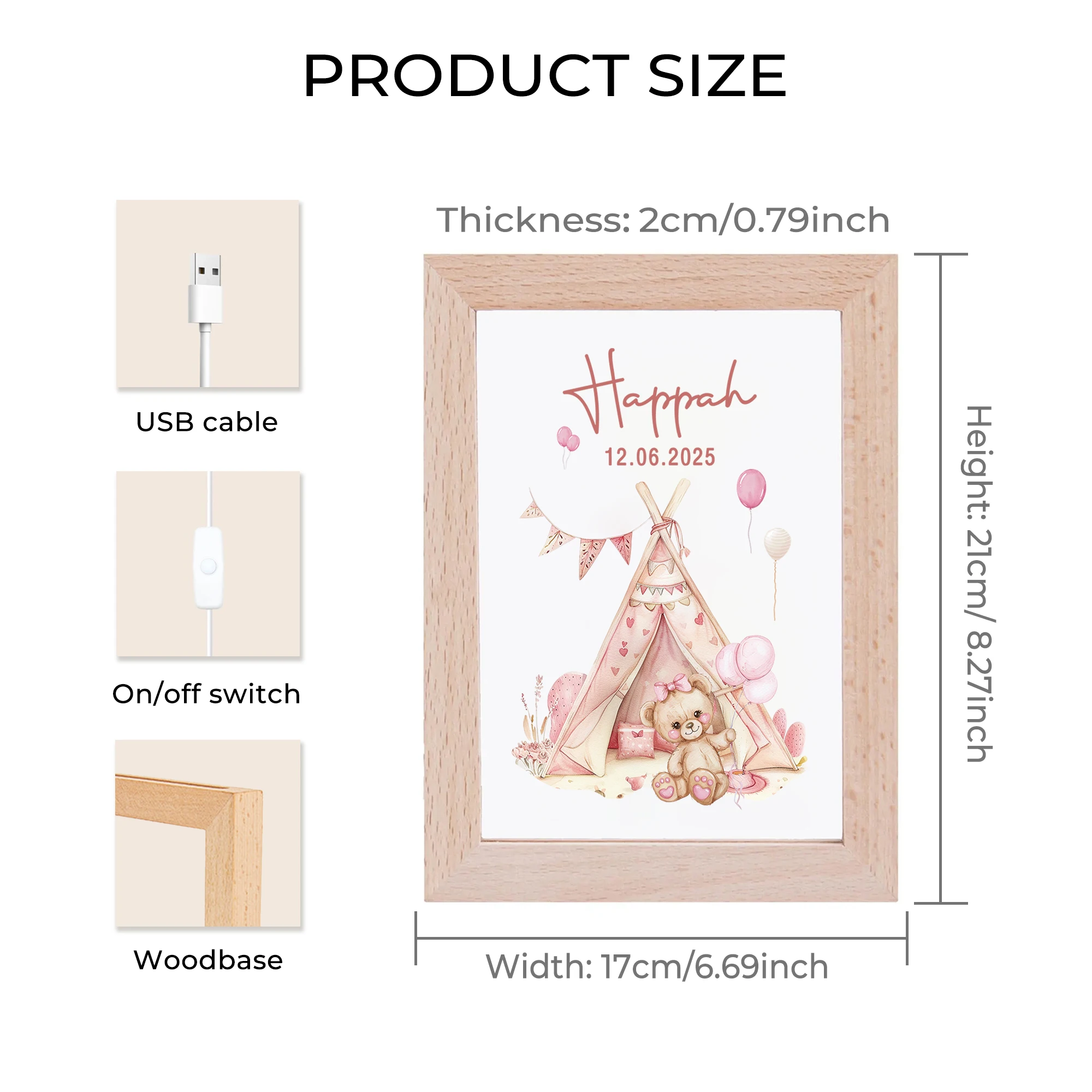 2D شقة مخصصة اسم الكرتون خيمة الدب LED الاكريليك ليلة ضوء الخشب إطار صور 21x17 سنتيمتر غرفة نوم الطفل هدايا ديكور المنزل