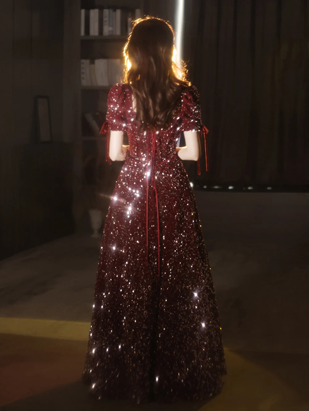 Vestido de noche de terciopelo con lentejuelas rojas de lujo para boda, vestidos de noche de compromiso con manga de burbuja, Sexy, con cordones, Vestido de novia largo de fiesta Delgado