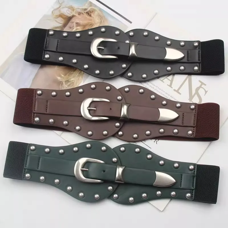 Rivet PU Leather Elastic Belt Women's Punk Corset Female Cummerbund Coat Waistband Dress Decration Wide Belt J1592