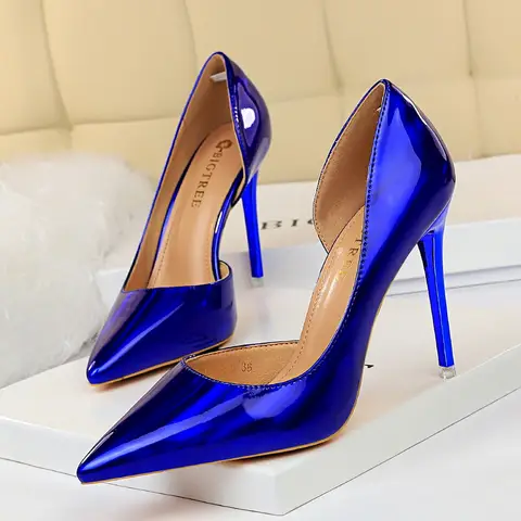 Nuove donne 10.5 centimetri Tacchi alti Scarpins Décolleté Lady Neon Verde Blu Fetish Matrimonio Tacchi da sposa Scarpe da ballo in pelle argento metallizzato