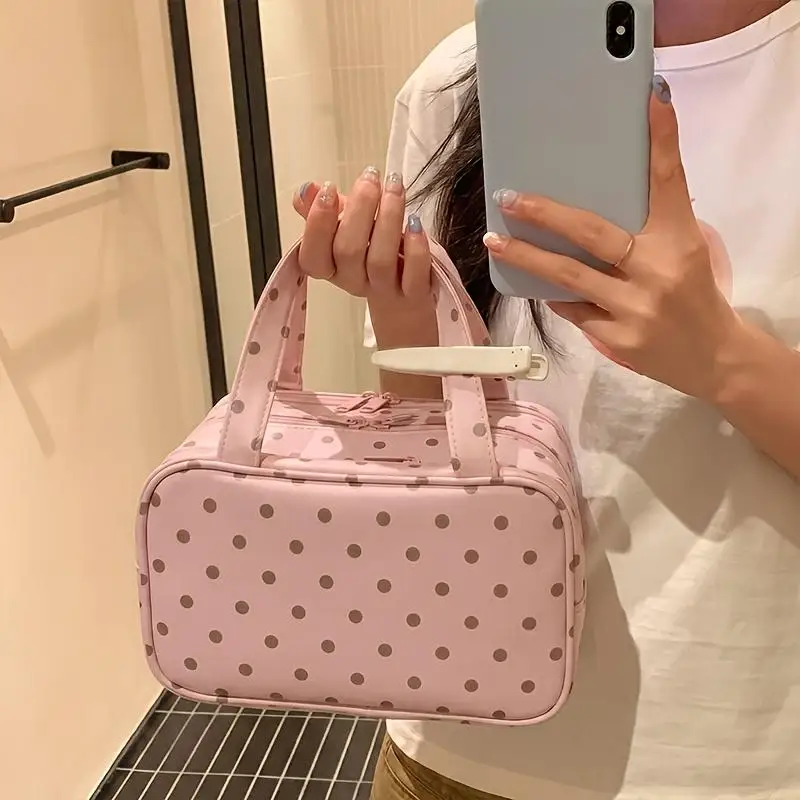 Gepunktete Handtasche für Make-up Multifunktionale Dreischichtige PU-Kosmetiktasche mit Großer Kapazität Wasserdichte Reisetasche – Detail 7