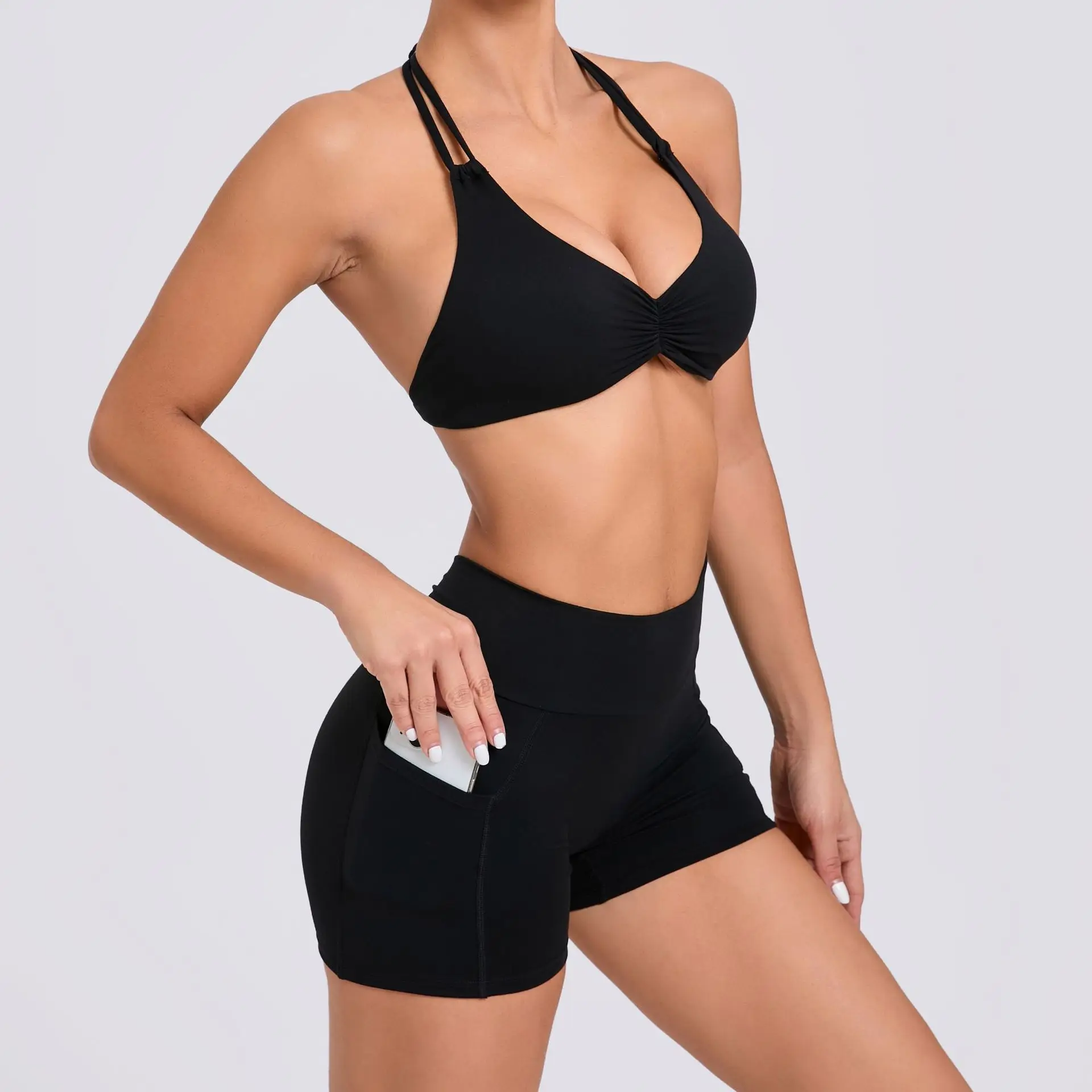 

Wholesale Sportswear Woman Gym Set Push Up Sport Bra Shorts Outfit 2025 Fitness Clothing Yoga Clothes Activewear Red Beige Black