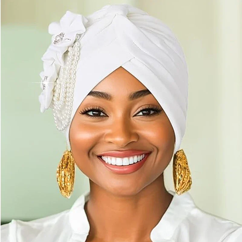 Pearls Beading Turban Cap for Women Flower Design Female Head Wraps Muslim Headscarf Bonnet Hairloss Hat Cover