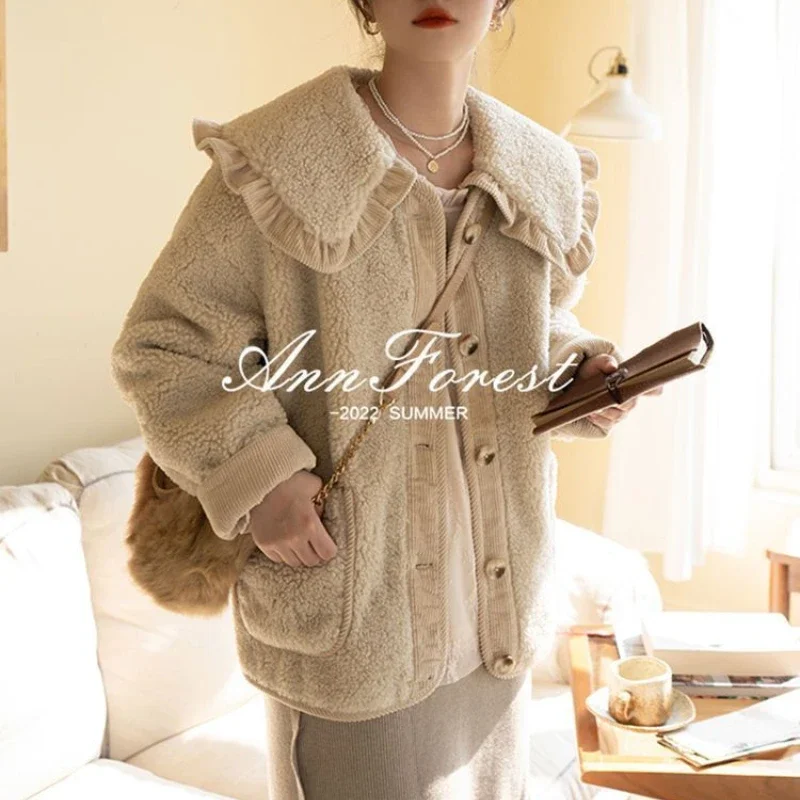 Vintage Fashion Simple Lambswool Coat Women Clothes Fleece Jacket Fall Winter Sweet Cute Doll Collar Loose Casual Outerwear Coat