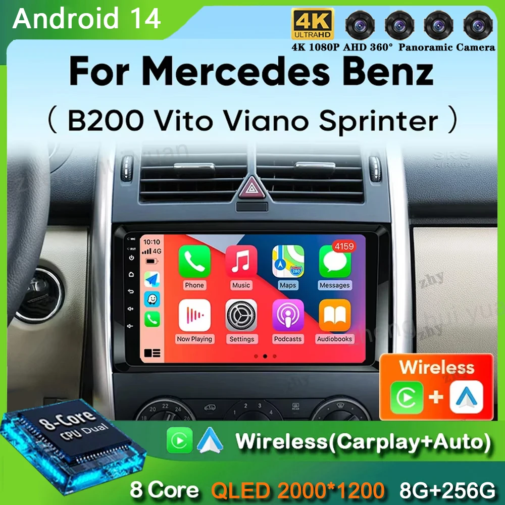 

Автомобильный радиоприемник Carplay Android 14 для Mercedes Benz B200 W169 W245 Viano Vito W639 Sprinter W906, навигация, GPS, мультимедийный плеер BT