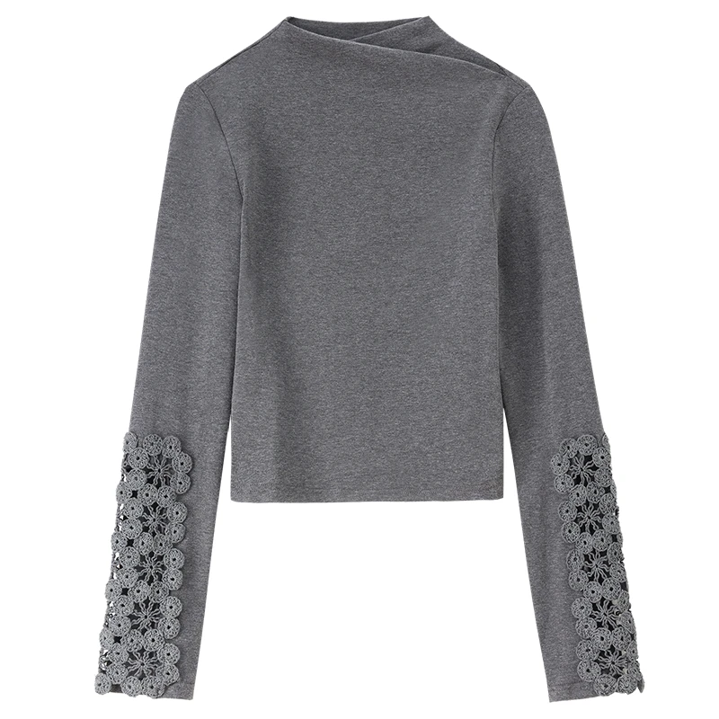 SENTUBILA Women's Knit T-shirt Design-Fitted Sheer Floral Lace Sleeve O-neck Tees 2025 Autumn Simple Slim-fit Tops 153TA3421