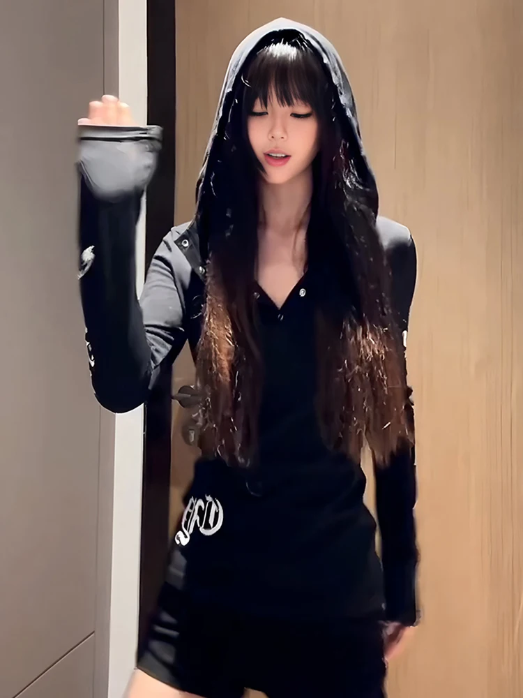 

Футболка American Sle Hot Girl Long Sve Women Summer Slim Fit на шнуровке с капюшоном V Ne Punk Street Sle Top Moisture ng