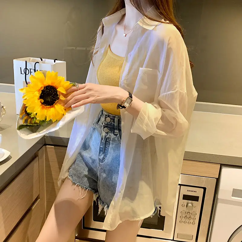 Breathable Thin Loose Chiffon Shirt and Camisole Knit Vest Two Piece-set for Women\'s Summer Korean Version Casual Commuting Set