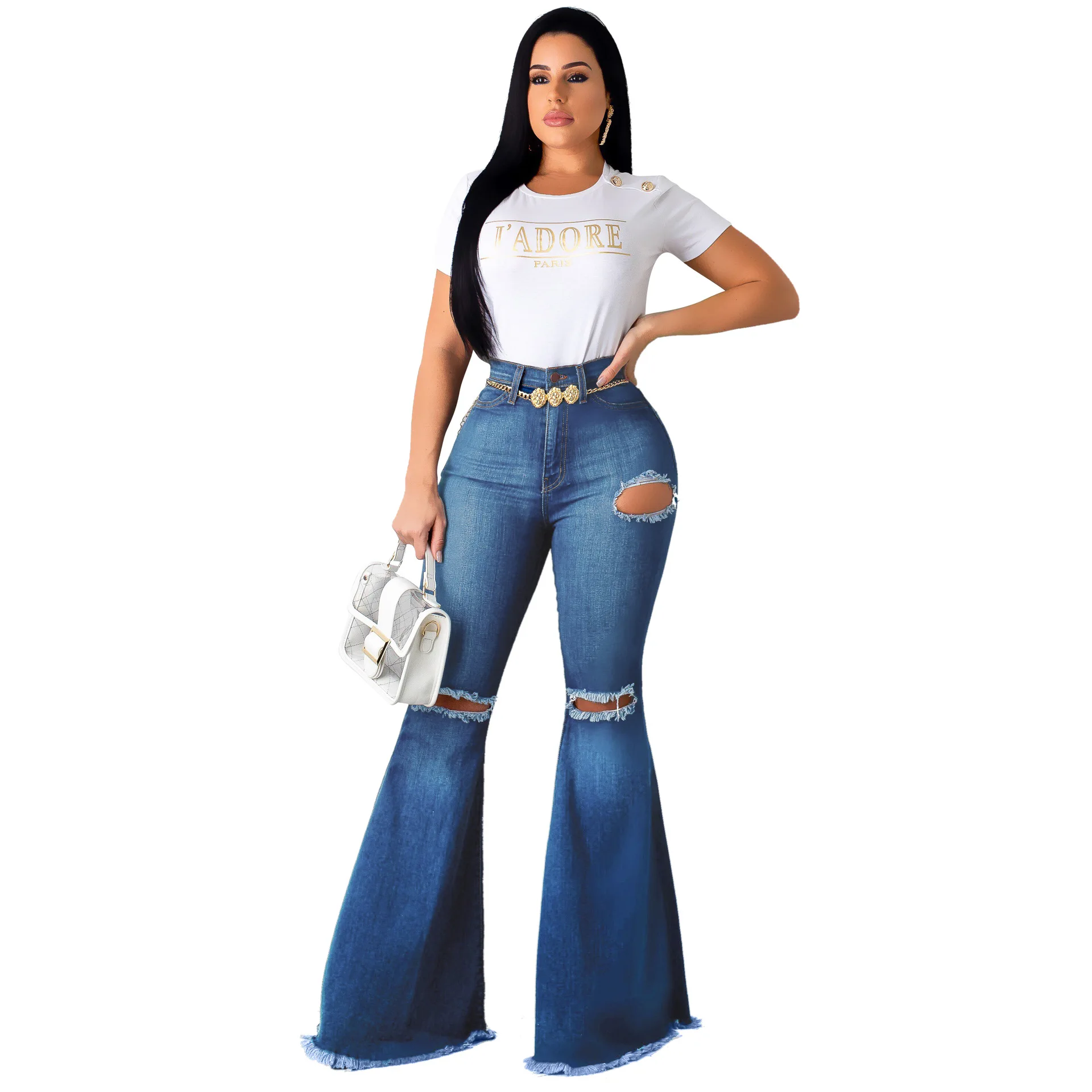 Pantalones vaqueros Acampanados para mujer, jeans elásticos, rasgados, versátiles, a la moda, Sexy