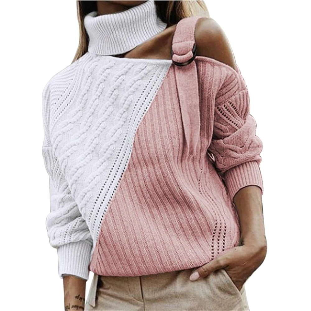 Autunno inverno manica lunga maglione top donna Patchwork dolcevita maglione Sexy Off spalla fibbia Pullover lavorato a maglia Pull maglieria