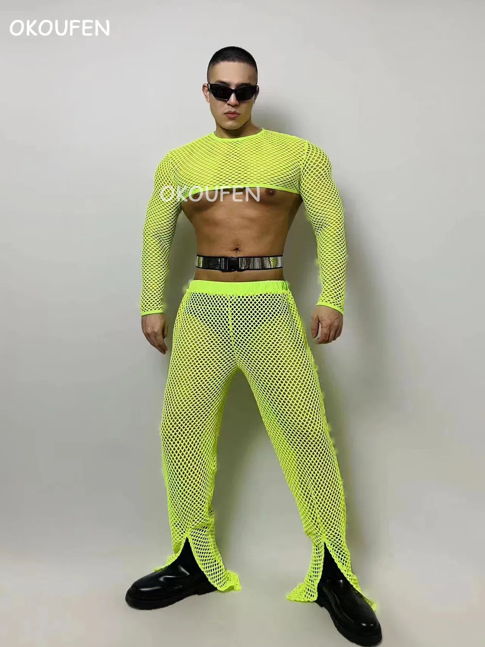 New Fluorescent Green Mesh Jazz Suit Nightclub bar Male Singer Ds Gogo Costumes Party Stage Theme Dance Outfit