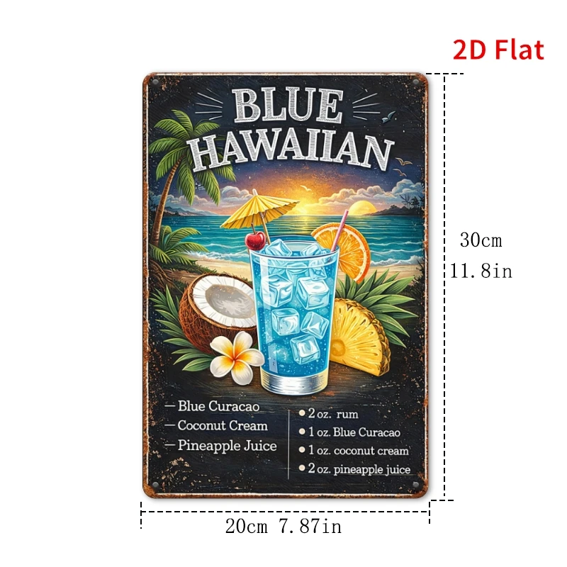 2D Flat - [2Dflat], 1pc 30X20Cm - Vintage Metal Sign, Blue Hawaiian Cocktail Recipe Wall Decor, Tropical Beach Bar Plaque