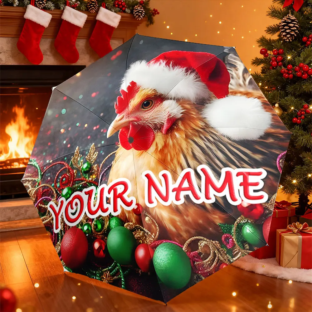 Custom Name Umbrella， Christmas Chicken Umbrella with Santa Hat and Festive Design ,Portable Folding Umbrella, Christmas Gift