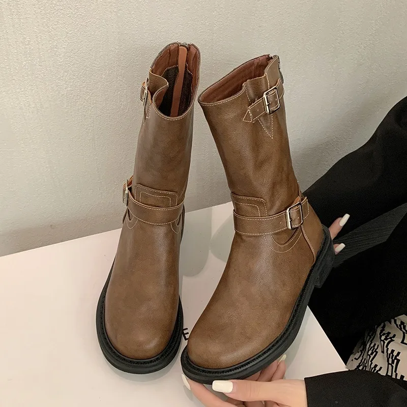 

Boots Women 2024 New Autumn Chunky Heel Brown Western Cowboy Boot Belt Buckle British Retro Ankle Boots