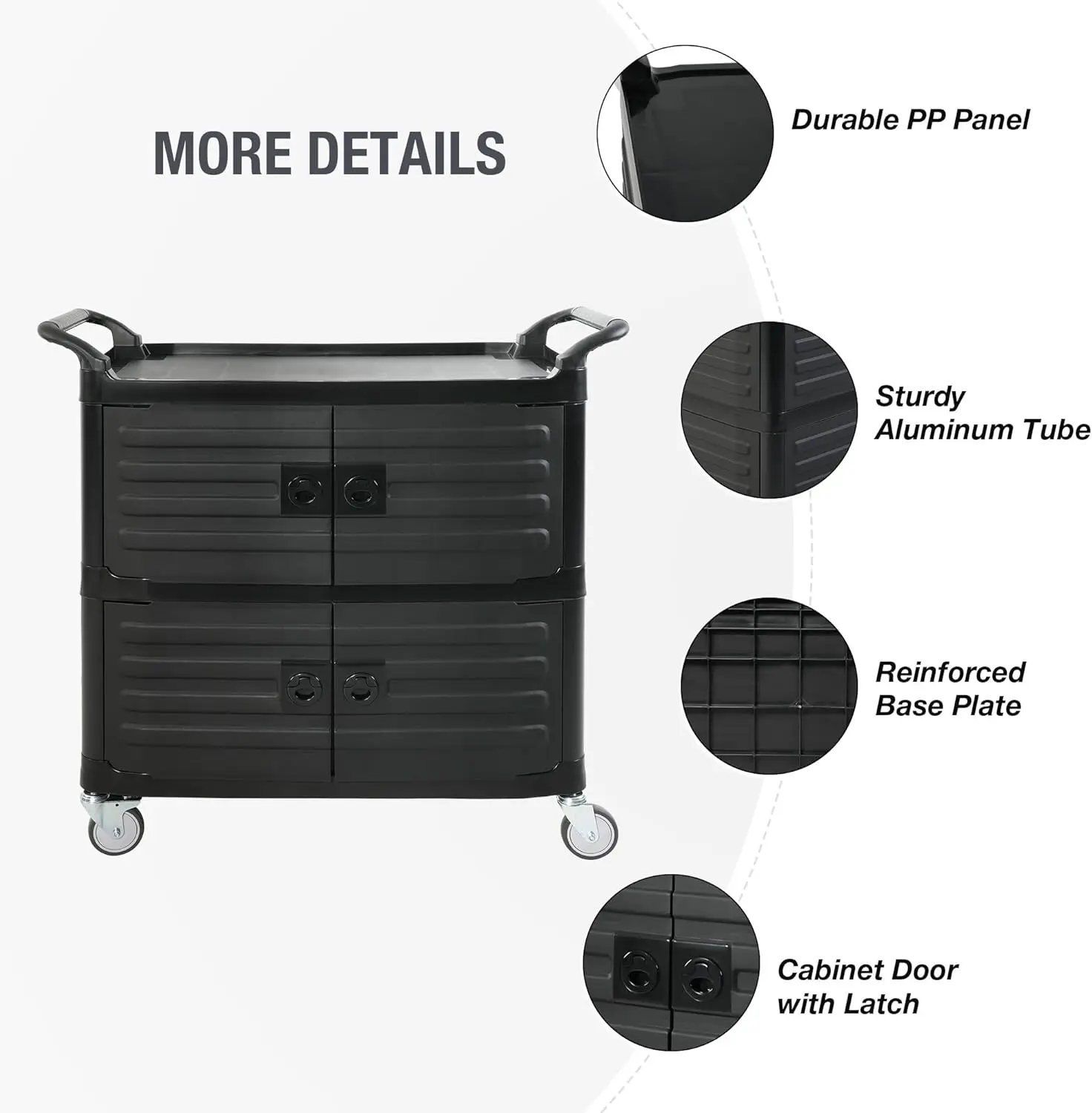 Portable 3-Tier Service Utility Cart With Handle - Mobile Kitchen Carts With Lockable Wheels & Storage Cabinet For Home,