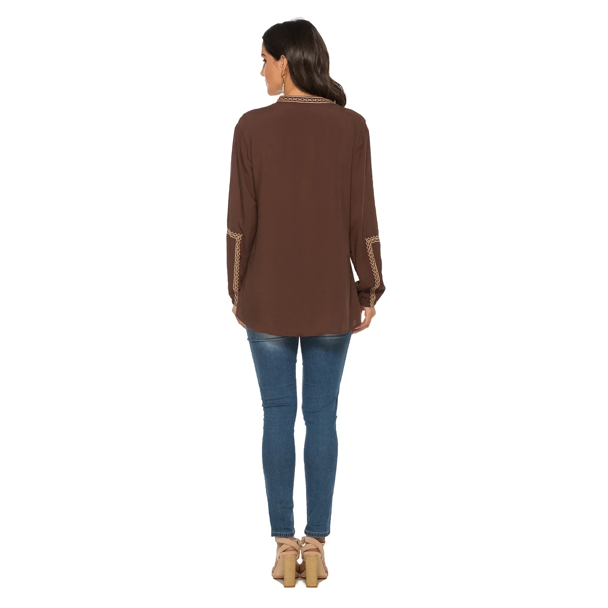 Eaeovni-Brownv Tops bordados boho para mulheres, camisas de manga comprida, túnicas soltas casuais, blusa