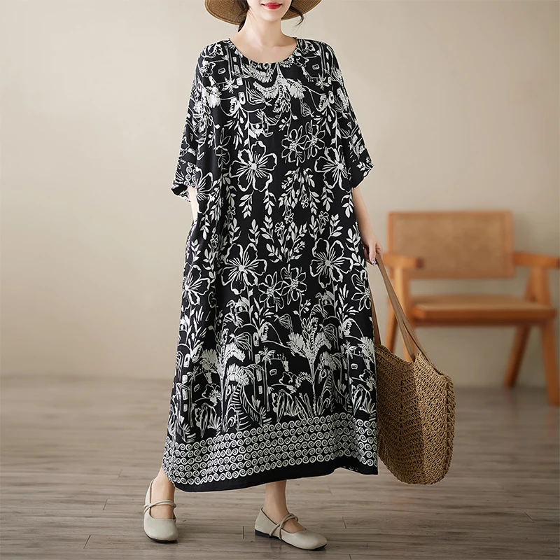 Vestido f de verão, estilo retrô, gola redonda, sem mangas, aodão e linho, saia longa, com botões, soltinho, para o ...