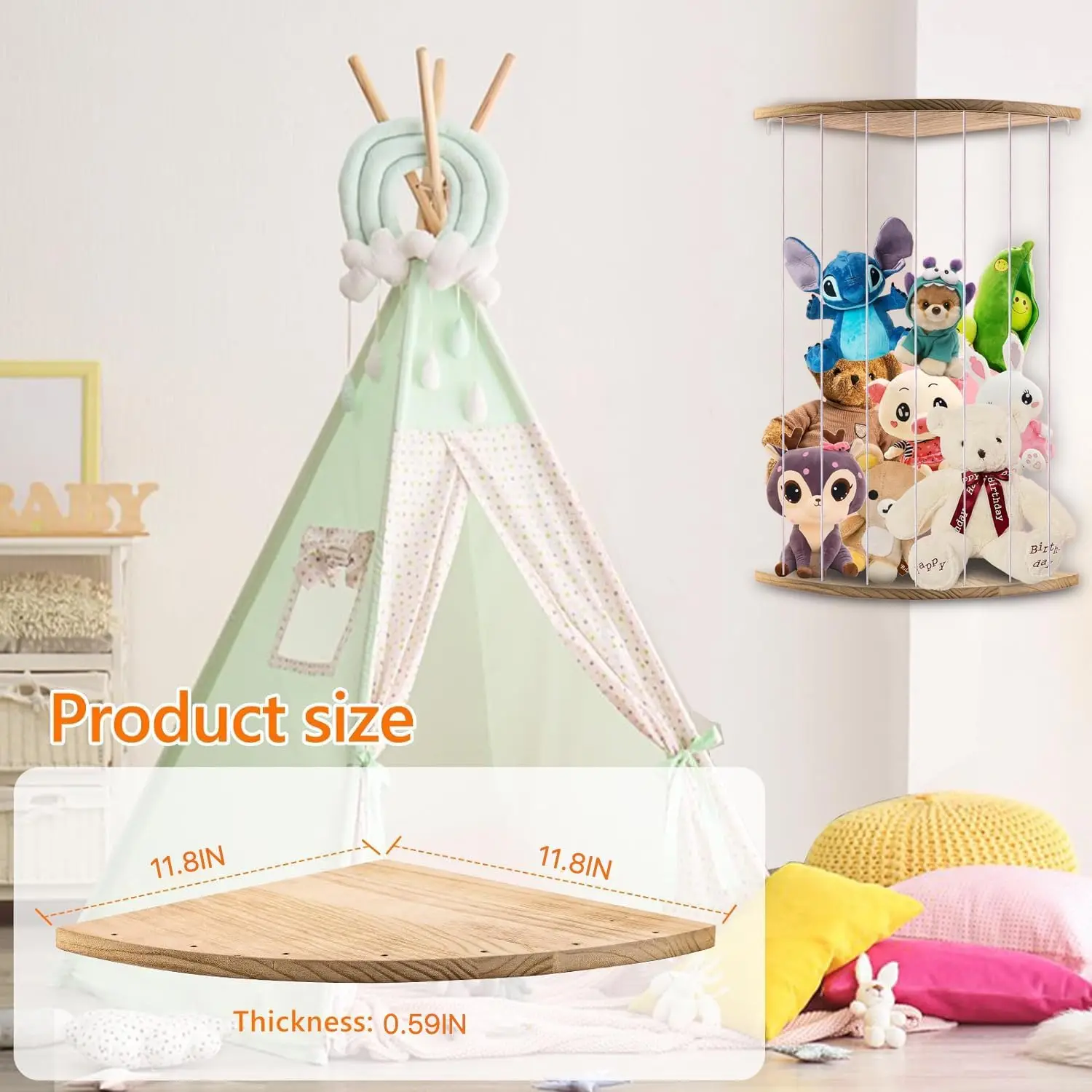 Immagine 7: Organizzatore per peluche, scaffale angolare in legno, contenitore per mascotte, cesto portaoggetti per giocattoli e libri per la cameretta dei bambini