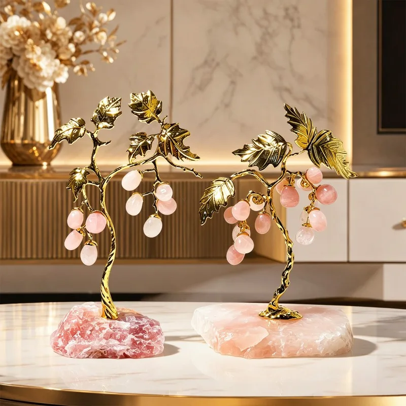 Luxury Pink Crystal Grape Tree Art Sculpture Ornament Alloy Home Living Room Entrance TV Cabinet Desktop Decoration Gift