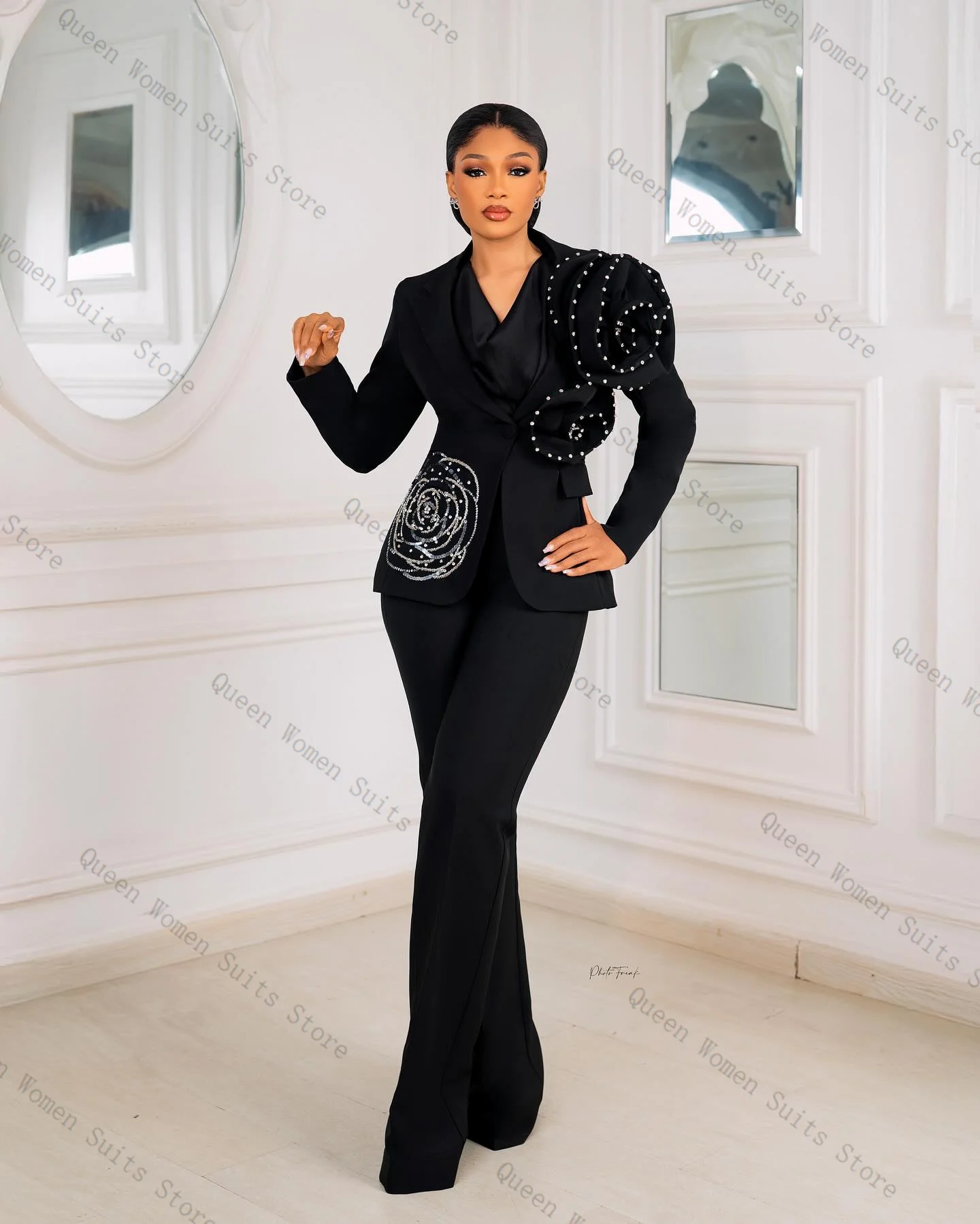 

Black Women Suit Set 2 Piece Blazer+Pants Trousers 3D Flower Crystals Formal Office Lady Jacket Cotton Wedding Coat Customized