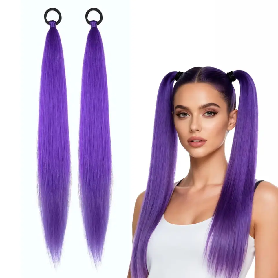 2 piezas de extensión de coleta sintética morada con banda elástica, coleta larga lacia para DIY, accesorio para mujer 3