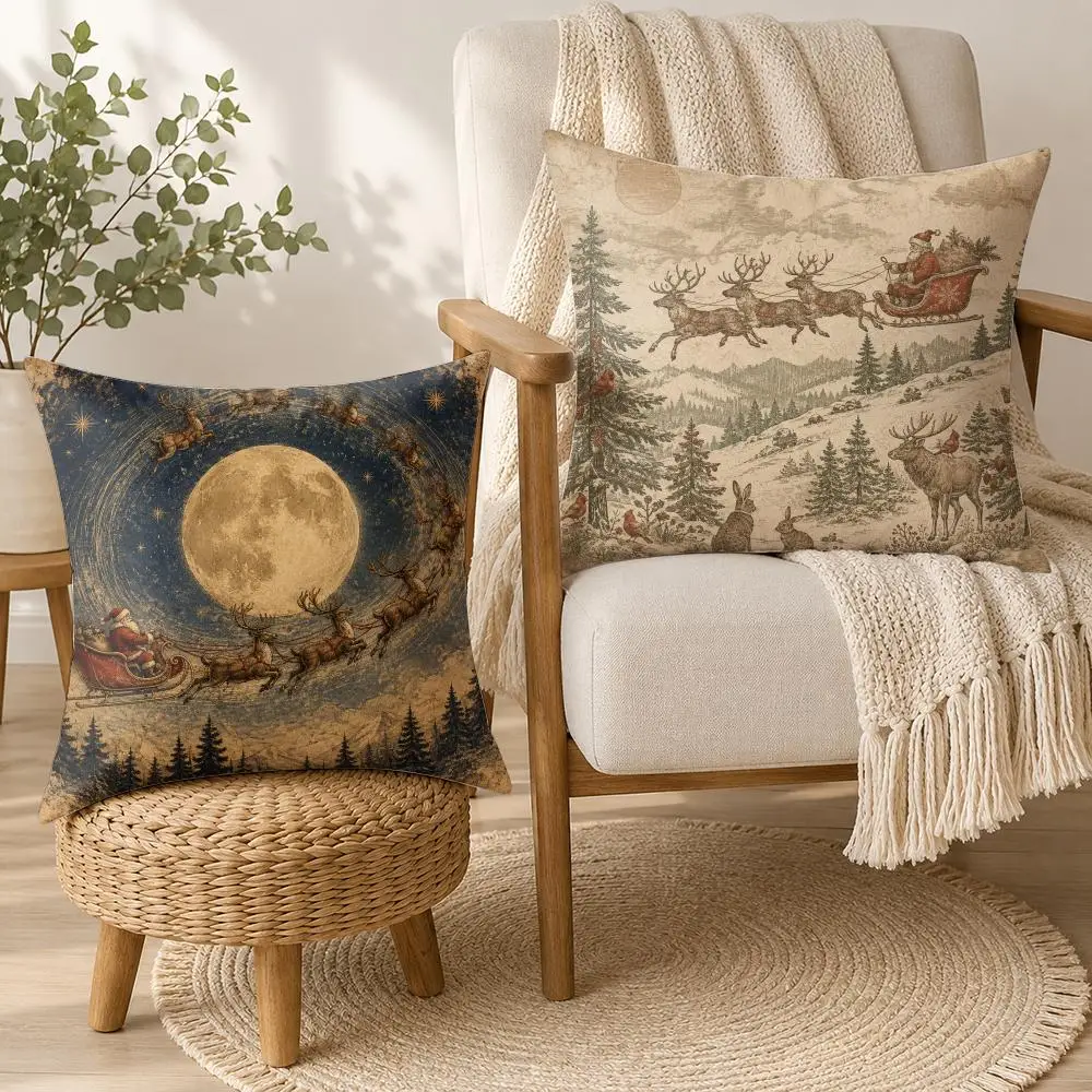 Vintage Reindeer Sleigh Cushion Cover Soft Plush Cushion Case Throw Pillowcase Cozy Home Sofa Bed Living Room Bedroom Decor