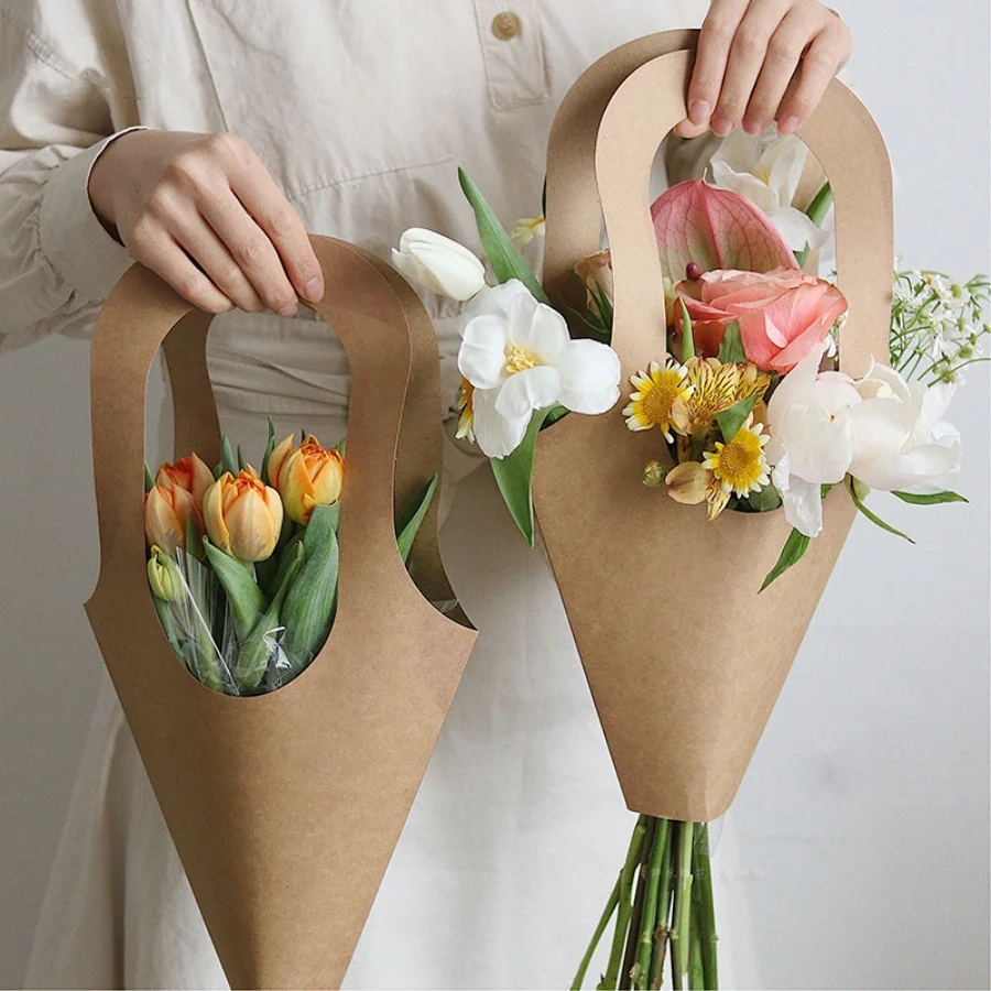 5 stücke Blumenstrauß Kraft papier Einkaufstasche für Geschenk geben frische Blumen Tasche Geburtstag Jubiläum Geschenk Hand Kraft Papiertüte