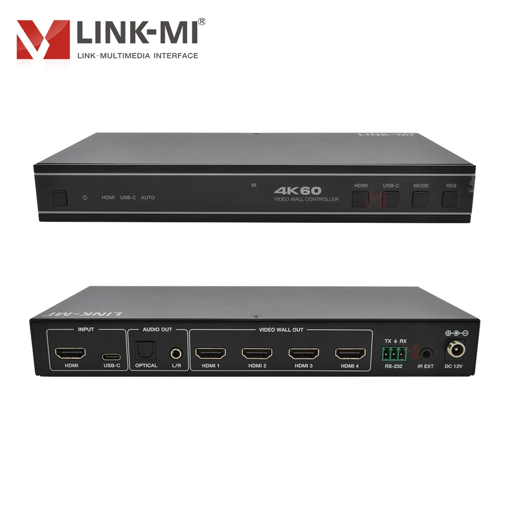 وحدة تحكم حائط فيديو HDMI 1X4 تدعم مدخل USB-C والصوت وRS232 تدعم الصوت البصري وإخراج إزالة تشكيل الصوت التناظري L/R