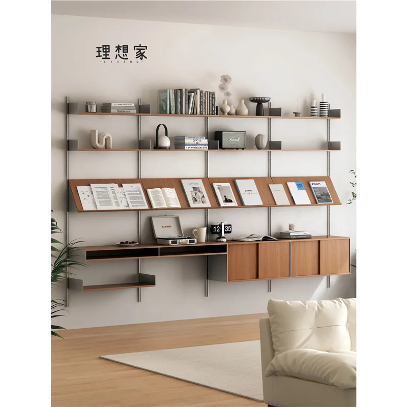 Household wall system shelf Living room solid wood wall-mounted storage rack Small apartment retro multi-layer display shelf