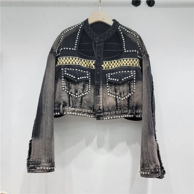 Streetwear Gradient Black Short Denim Jacket Spring Women Hollow Out O-neck Beaded Diamond Frayed Burrs Long Sleeve Cowboy Coat