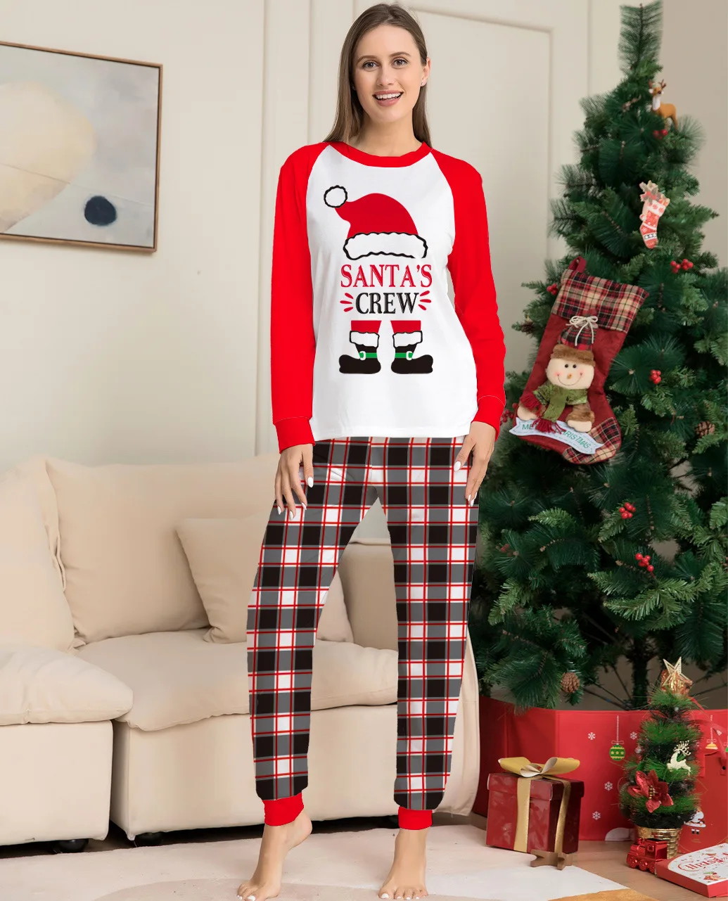 Xmas Family Matching Pajamas 2022 New Cartoon Christmas Hat Letter Print Plaid Pants Adult Kids Suit Baby Jumpsuit Dog Clothes