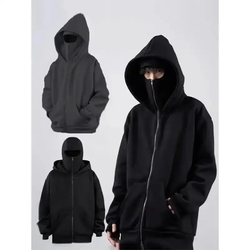 

Double Hat Hoodies Pants Set Autumn Winter Balaclava Hooded Sweatshirt Trendy Hip Hop Men Women Couple Face Mask Zipper Hoodie
