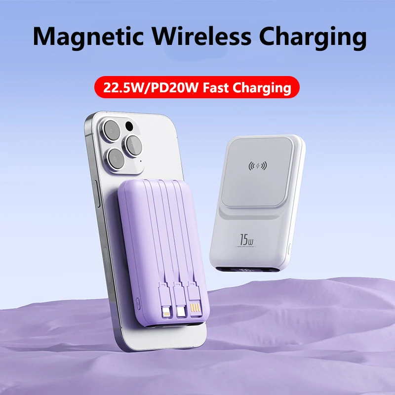 

20000mAh Magsafe Power Bank Magnetic Wireless Powerbank Built in Cable for iPhone 16 X Xiaomi Samsung Portable Induction Charger