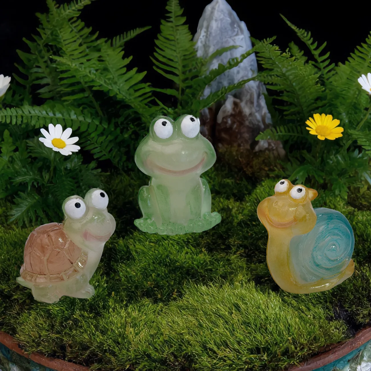 Luminous set of three animals micro-landscape plug-in fluorescent snail frog resin handicraft ornament potted ground plug