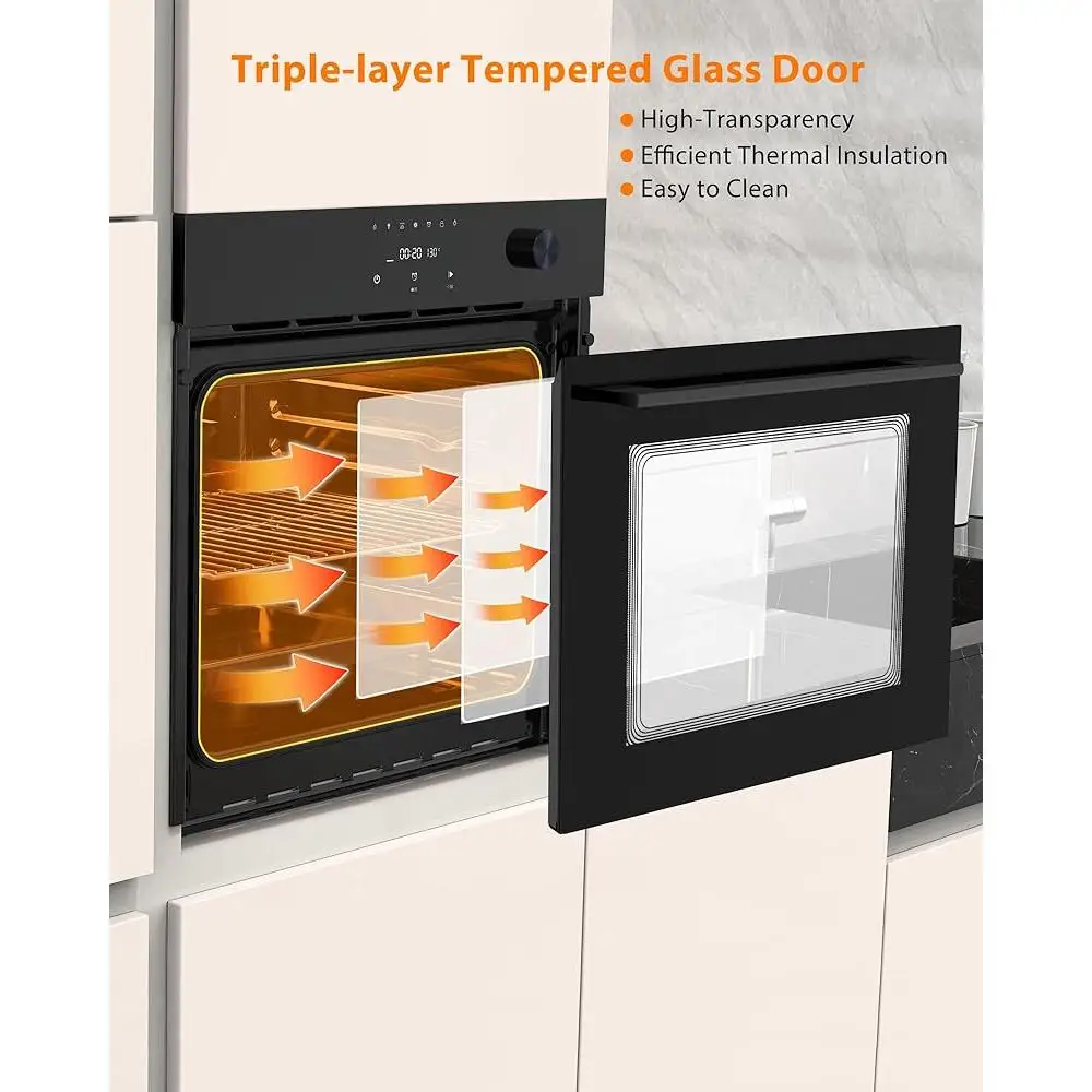 فرن حراري كهربائي مدمج مقاس 24 بوصة، 8 أوضاع للطهي، مؤقت ذكي، قفل أمان، 3 طبقات من الزجاج المقسى، سهل التنظيف