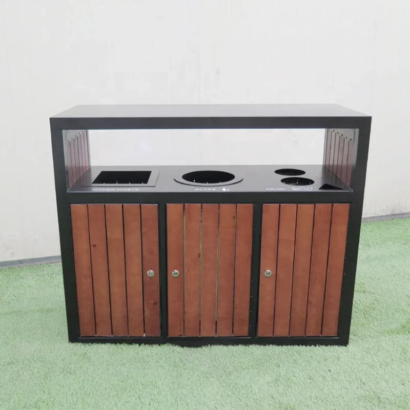 Furniture Galvanized Steel Dustbin Metal Wooden Urban Design Waste Recycling Bin Commercial Trash Can Manufacture