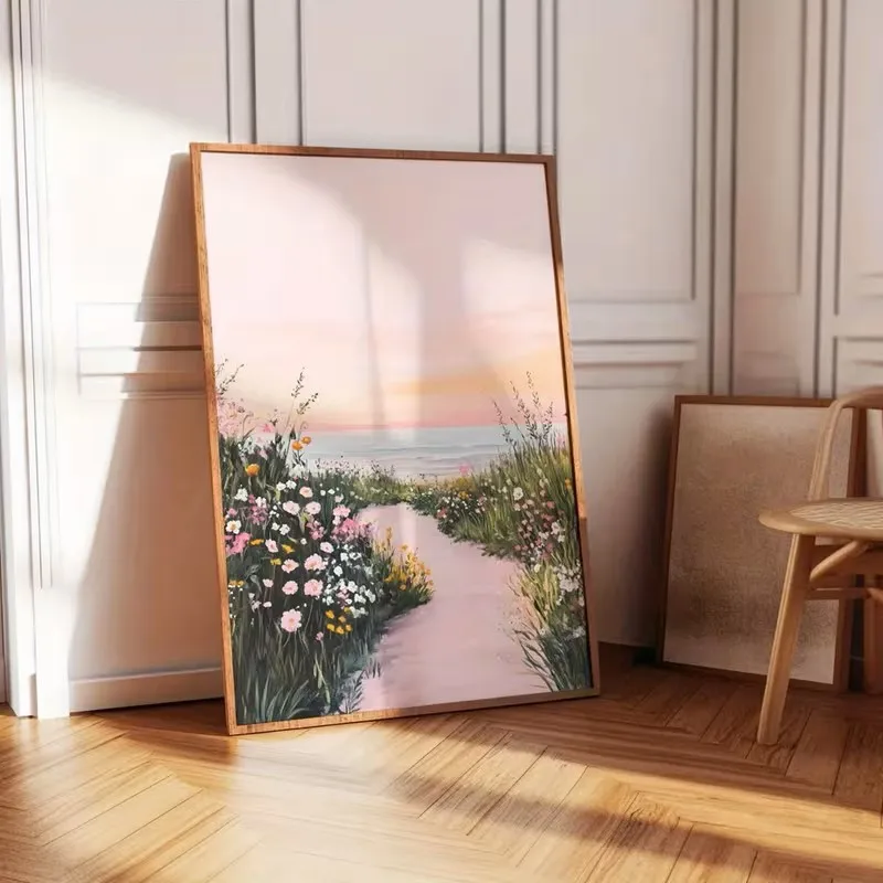 

Retro Coastal Scenery Soft Pink Wildflower Canvas Poster Minimalist Living Room Bedroom Office Home Wall Art Decorative Painting
