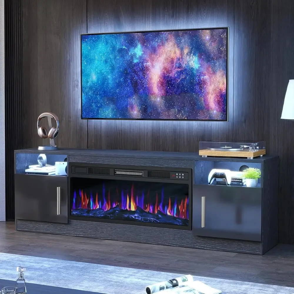

36 to 80 TV Stand with 70 LED Lighted Entertainment Center, Remote Control, and Storage Cabinet for Living Room, Black