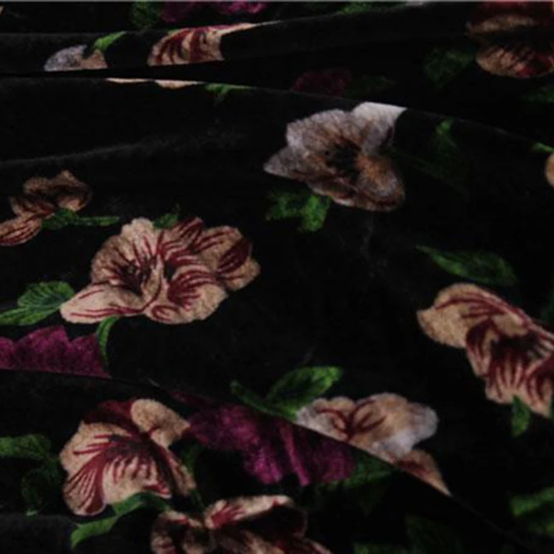 Silks Story Crazy Black Pink Printed Flowers Flocking 100% Real Silk Velvet Fabric For Party Dress Cloth Cheongsam Silk Fabrics