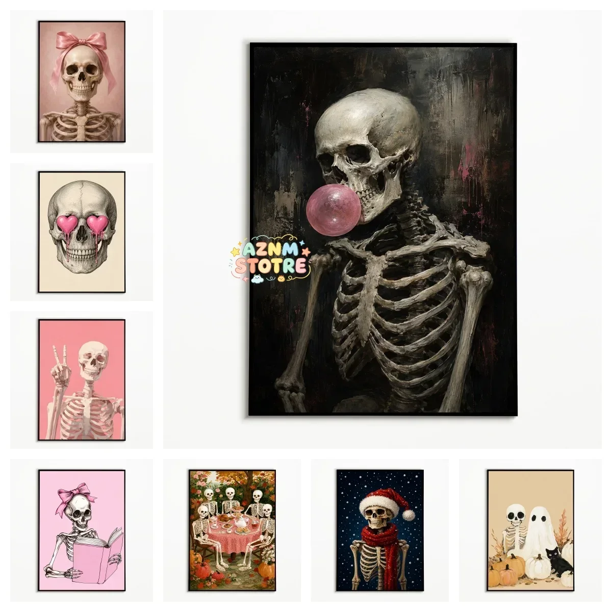 1PC Fun Skeleton Blowing Pink Bubble Gum Poster Autumn Halloween Wall Art  Retro Canvas Printing Festival Gift Fall Wall Deco