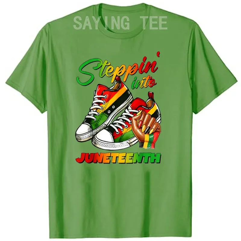 Stepping Into Juneteenth Afro Woman Black Girls Sneakers Men T-Shirt Black Pride June 19th 1865 Clothes Humor Funny Graphic Tees