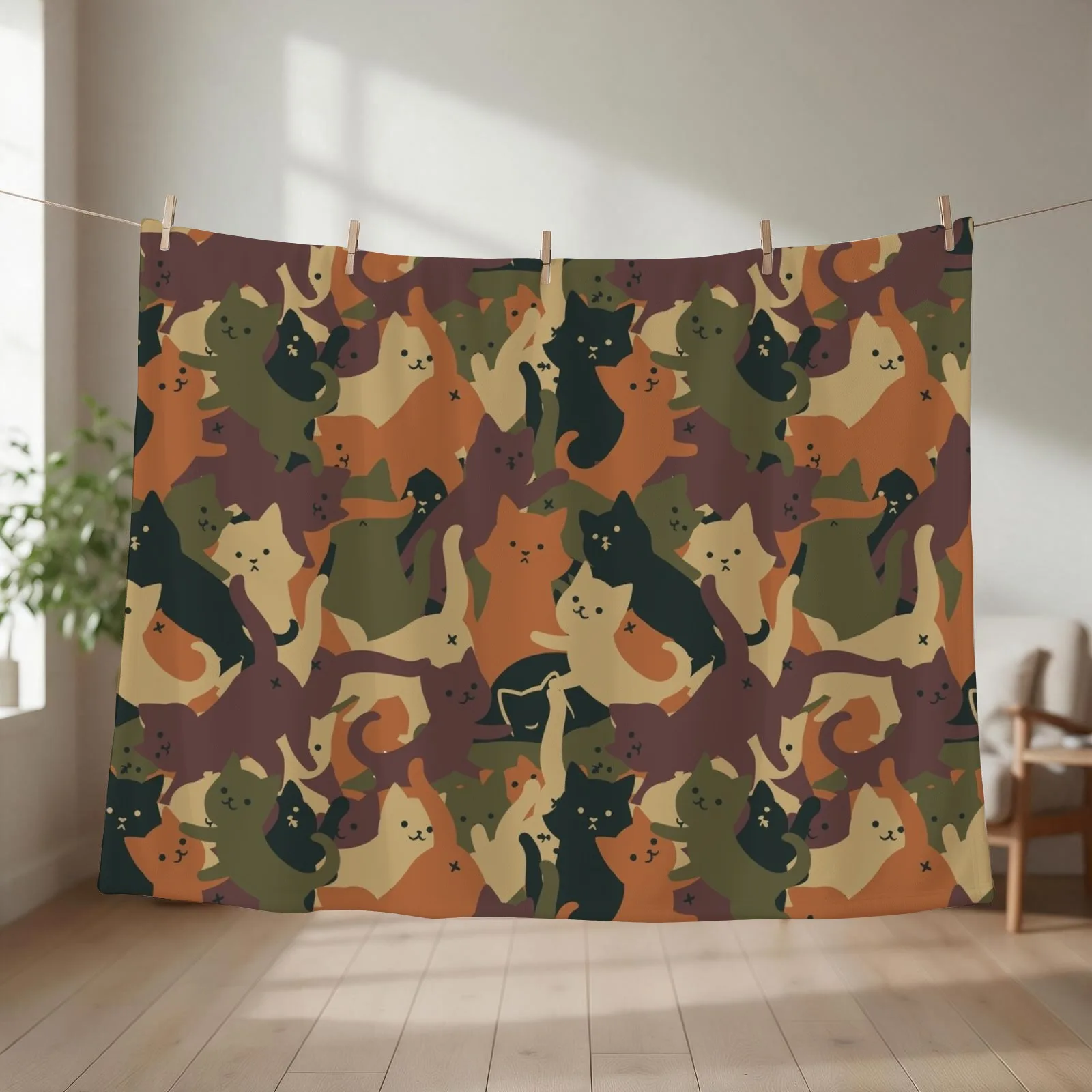 Camouflage Cat Orange Army by Tobe Fonseca Throw Blanket couch cozy soft plush fuzzy picnic outdoor blanket