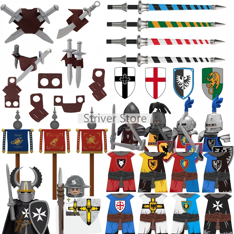 Figurines de Soldats Romains du Château Médiéval, Blocs de Construction, Accessoires de Chevalier, Armure, Lance, Bouclier, Drapeau, Fourreau, Cape, Briques, Jouets T05