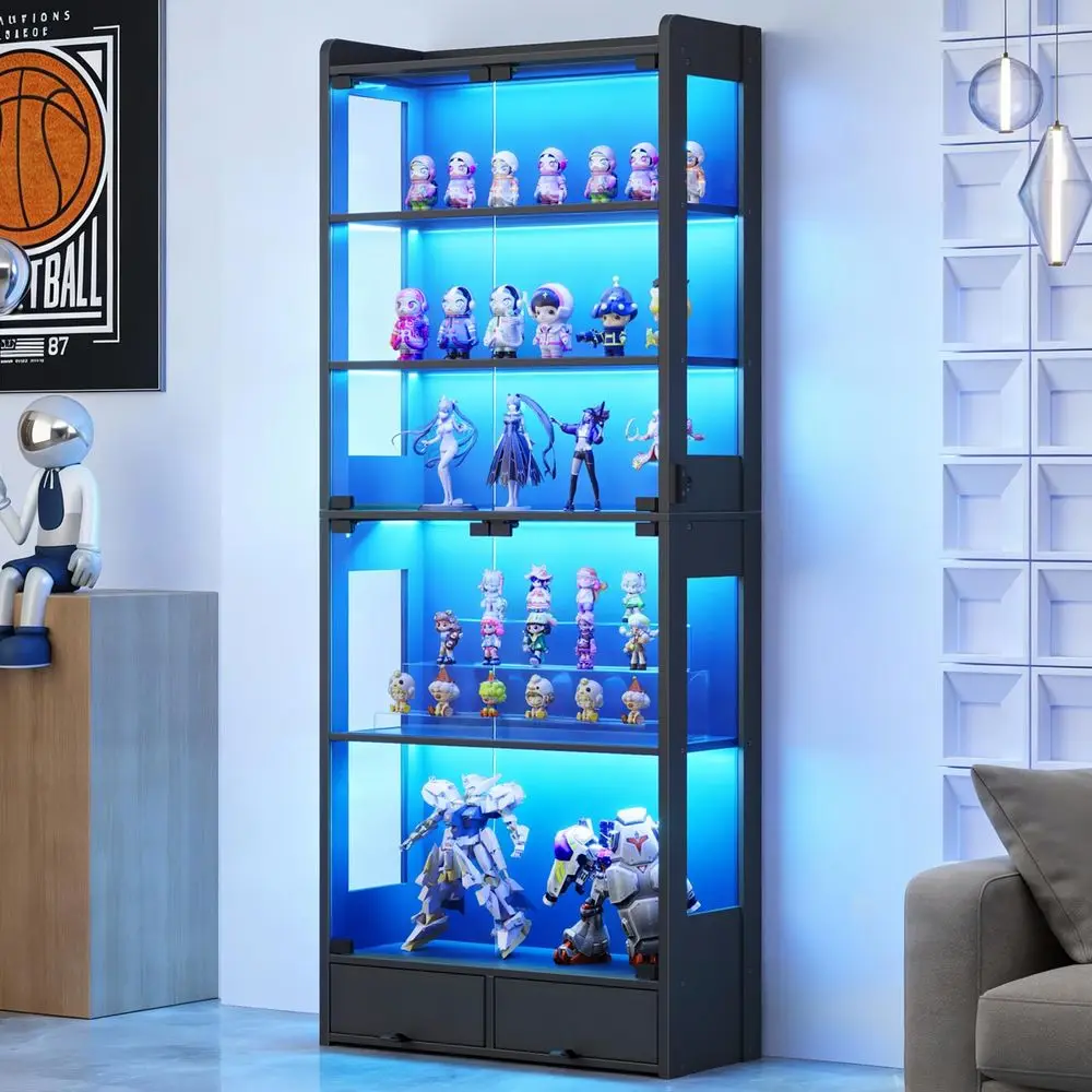 Full Vision Display Cabinet 72 Glass Showcase with LED Light, Adjustable Shelves, Locking Sliding Doors Retail Display Counter