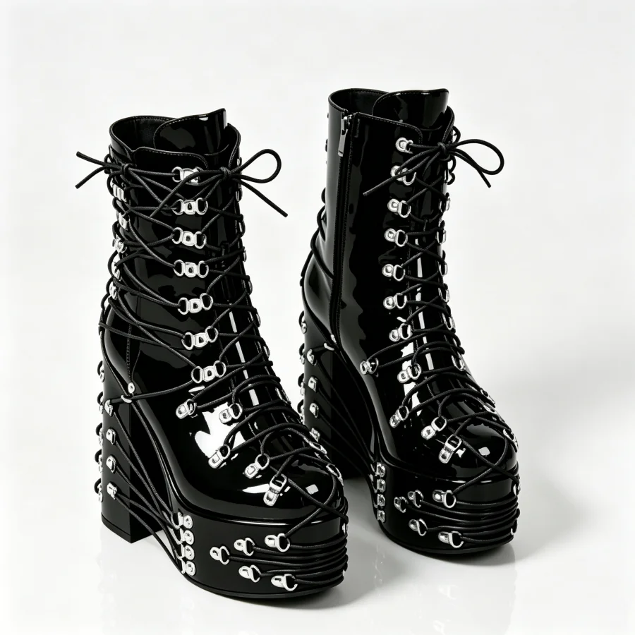 2026 Gothic Punk Platform Ankle Boots Patent Leather Lace Up Wedge Booties Side Zipper Halloween Cosplay Shoes Size 35-44