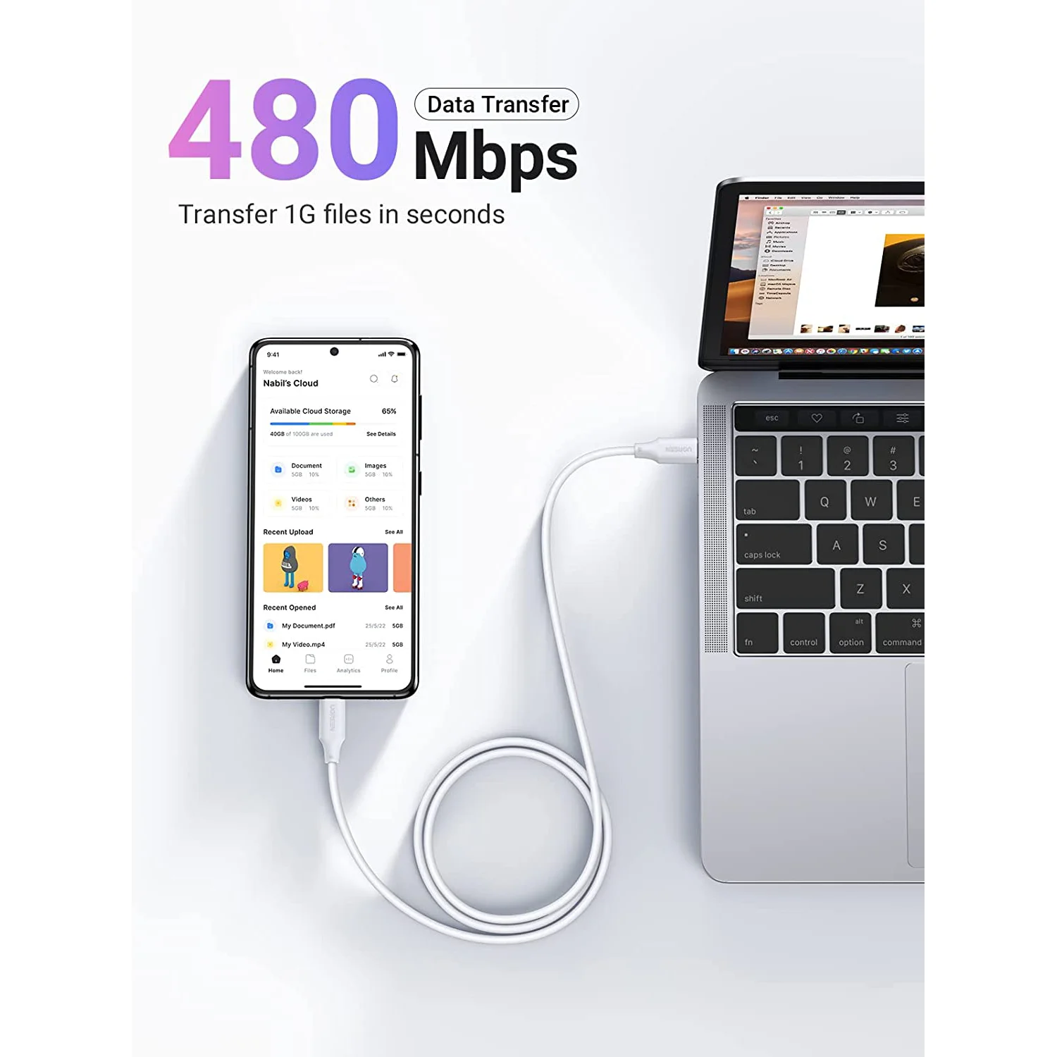 Cavo USB C UGREEN da 100 W per MacBook Pro 5A Cavo di ricarica rapida da USB-C a USB-C Cavo doppio tipo C bianco Materiale PVC