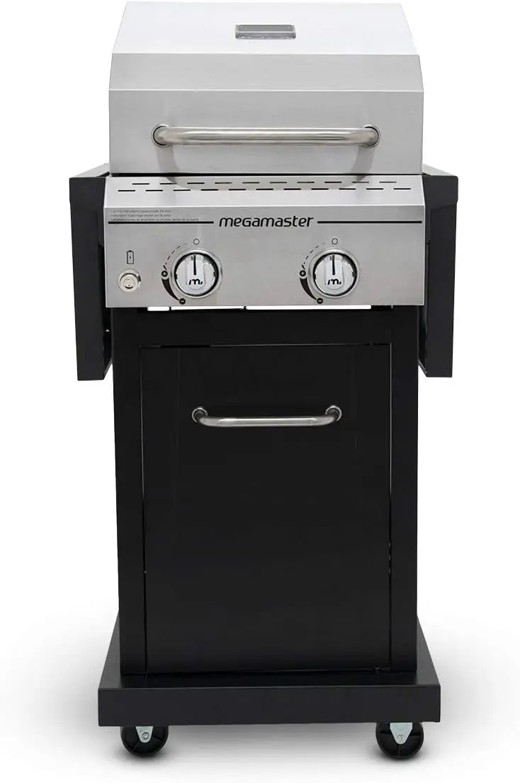 Megamaster 2-Burner Propane Barbecue Gas Grill with Foldable Side Tables, Perfect for Camping, Outdoor Cooking, Patio