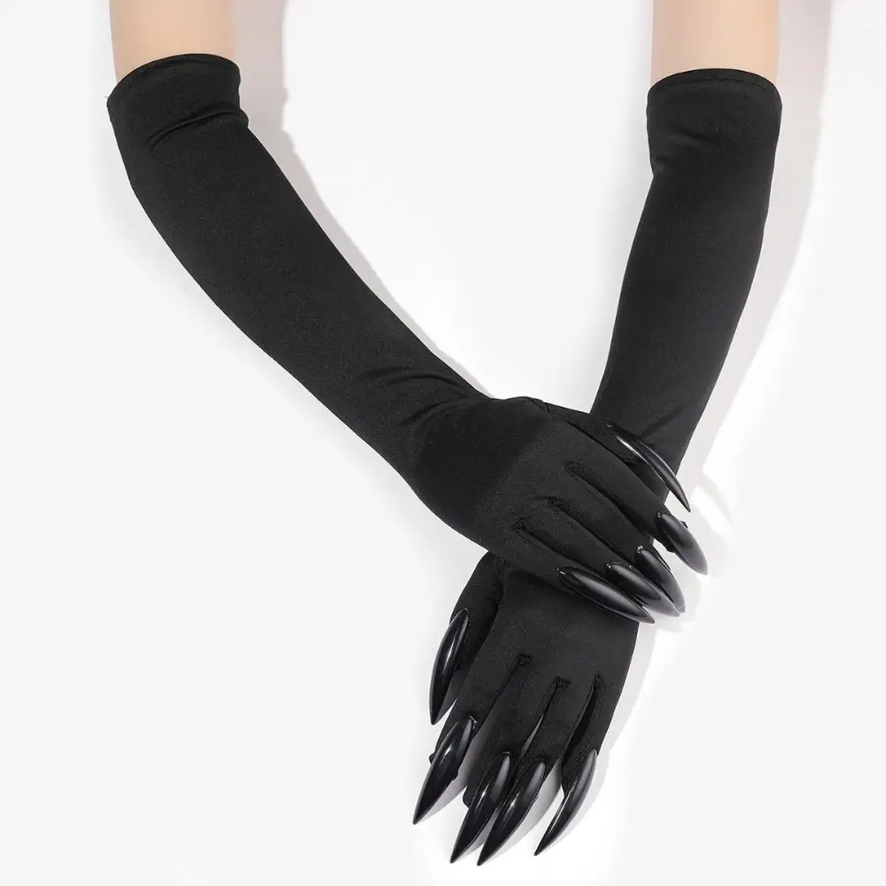 Black Halloween Makeup Black Nail Gloves Elastic Full Finger Ghost Cat Demon Paw Gloves Funny Women Long Mittens Women