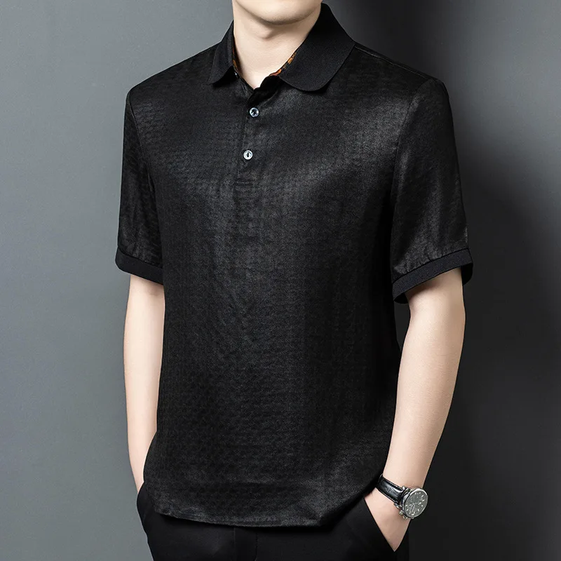 

High Quality Real Silk Men's Summer Short-Sleeved Shirt Youth Business Casual Lapel Half-Sleeved T-shirt
