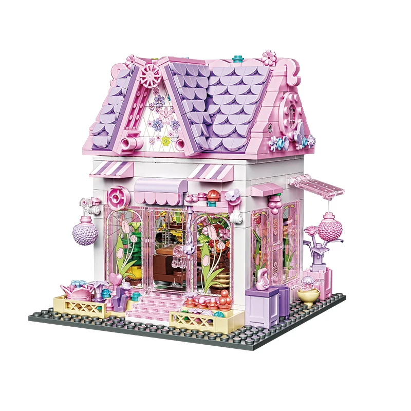 Blocs de construction de maison de fleur rose romantique, Architecture européenne, vue sur la rue, modèle de Cottage, jouets, cadeaux d'anniversaire pour filles